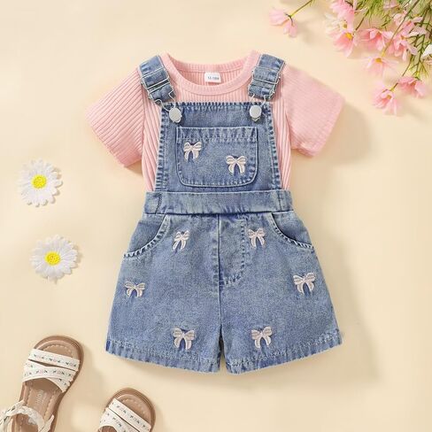 Toddler Baby Girl Summer Clothes Short Sleeve T-Shirt Tops + Denim Suspender Overalls Shorts Set Outfits 12 Months-4T in Kuwait
