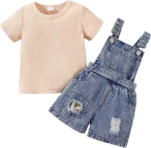 Toddler Baby Girl Summer Clothes Short Sleeve T-Shirt Tops + Denim Suspender Overalls Shorts Set Outfits 12 Months-4T in Kuwait