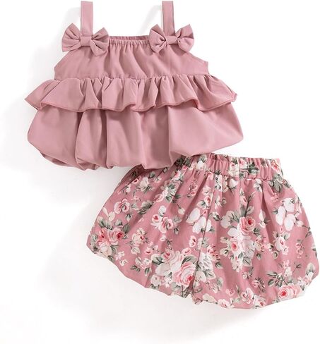 Toddler Baby Girl 2Pcs Summer Outfit Sleeveless Ruffle Floral Tank Tops and Bloomer Shorts Set in Kuwait
