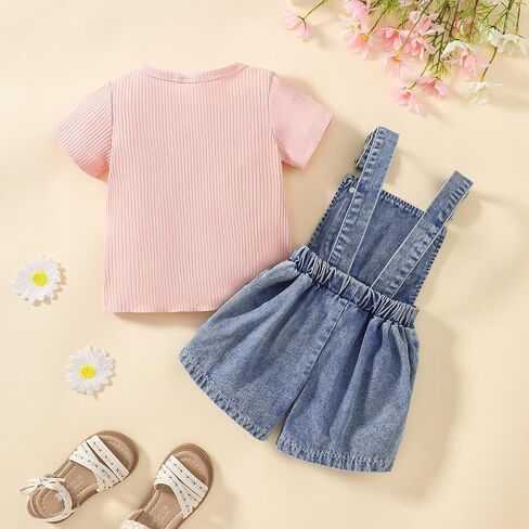 Toddler Baby Girl Summer Clothes Short Sleeve T-Shirt Tops + Denim Suspender Overalls Shorts Set Outfits 12 Months-4T in Kuwait