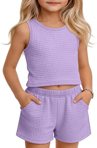 Toddler Girls Clothes Summer Waffle 2 Piece Outfits Cute Sleeveless Tank Tops Shorts Set with Pockets Kids 2-5 T in Kuwait