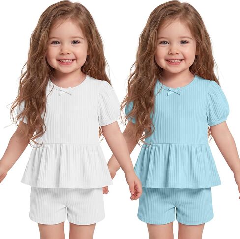 2 Pack Toddler Girls Summer Outfits Set 2 Pieces Cute Clothes Puff Sleeve Ribbed Shirts Short Sets for Baby Girls in Kuwait