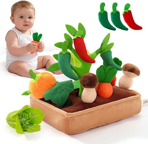 Baby Toys 6-12 Months - My First Fruits Color Shape Sorting Montessori Toys - 6 Month Old Toys Montessori Sensory Toy Carrot Flower with Rattles Mirror Squeaker Textures Crinkle Tissues in Kuwait