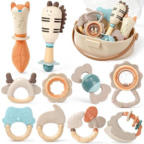 Joyreal Baby Rattles & Teething Toys Set, Baby Toys 0-6 Months, 10-Pack | Food-Grade, Sensory Development, Easy Clean & Sterilize, Teething Relief, Easy Grip, Storage Box, Neutral Newborn Gift in Kuwait