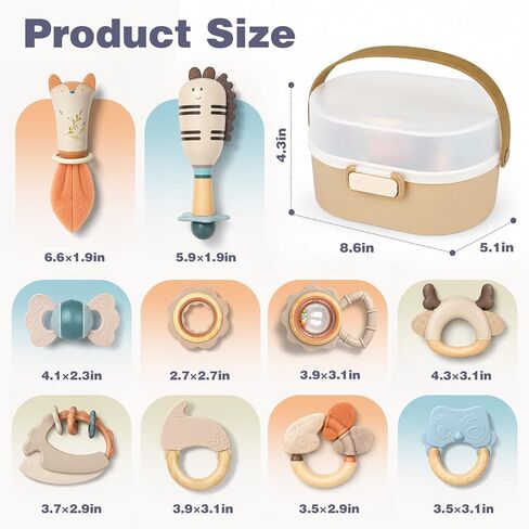 Joyreal Baby Rattles & Teething Toys Set, Baby Toys 0-6 Months, 10-Pack | Food-Grade, Sensory Development, Easy Clean & Sterilize, Teething Relief, Easy Grip, Storage Box, Neutral Newborn Gift in Kuwait