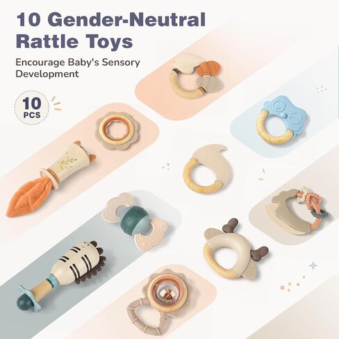 Joyreal Baby Rattles & Teething Toys Set, Baby Toys 0-6 Months, 10-Pack | Food-Grade, Sensory Development, Easy Clean & Sterilize, Teething Relief, Easy Grip, Storage Box, Neutral Newborn Gift in Kuwait