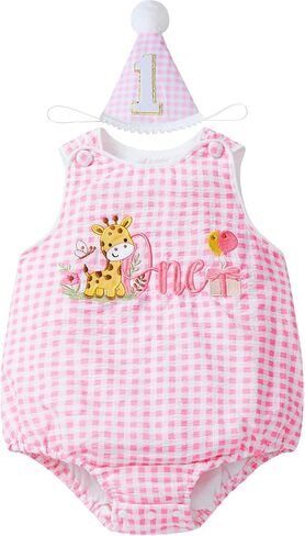 Baby Boy 1st Birthday Outfit, Safari Animal Embroidery Sleeveless One-Piece Romper Jumpsuit with Hat Headband Set in Kuwait