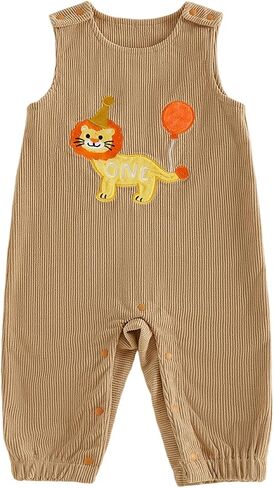 Toddler Baby Boy Birthday Outfit One Animal Embroidery Romper Sleeveless Corduroy Jumpsuit Cake Smash Outfit in Kuwait