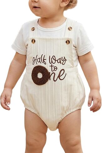 BULINGNA Baby Boy Girl 1/2 Birthday Outfit Sleeveless Letters Embroidery Overalls Cake Smash Romper for Half Birthday Party in Kuwait