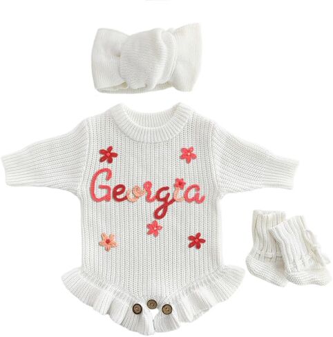 Personalized Embroidered Baby Romper, Custom Name Newborn Knit Sweater Onesie, Warm Fall Winter Cotton Outfit for Baby Girl Boy, Ideal Birthday Baby Shower Coming Home Gift in Kuwait