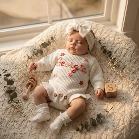 Personalized Embroidered Baby Romper, Custom Name Newborn Knit Sweater Onesie, Warm Fall Winter Cotton Outfit for Baby Girl Boy, Ideal Birthday Baby Shower Coming Home Gift in Kuwait