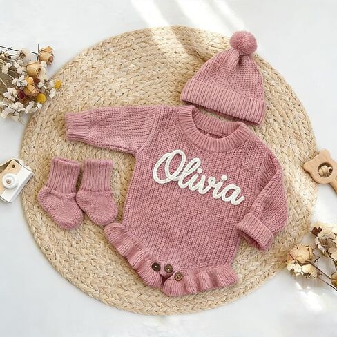 Personalized Embroidered Baby Romper, Custom Name Newborn Knit Sweater Onesie, Warm Fall Winter Cotton Outfit for Baby Girl Boy, Ideal Birthday Baby Shower Coming Home Gift in Kuwait