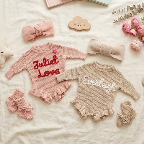 Personalized Embroidered Baby Romper, Custom Name Newborn Knit Sweater Onesie, Warm Fall Winter Cotton Outfit for Baby Girl Boy, Ideal Birthday Baby Shower Coming Home Gift in Kuwait