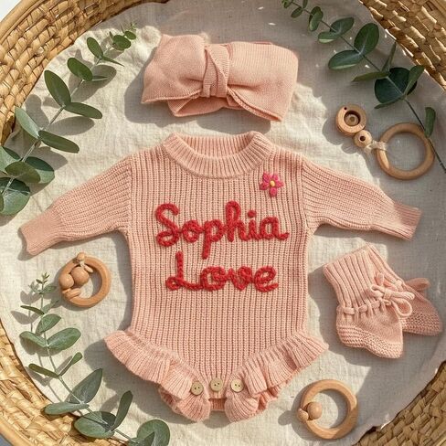 Personalized Embroidered Baby Romper, Custom Name Newborn Knit Sweater Onesie, Warm Fall Winter Cotton Outfit for Baby Girl Boy, Ideal Birthday Baby Shower Coming Home Gift in Kuwait