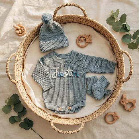 Personalized Embroidered Baby Romper, Custom Name Newborn Knit Sweater Onesie, Warm Fall Winter Cotton Outfit for Baby Girl Boy, Ideal Birthday Baby Shower Coming Home Gift in Kuwait