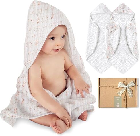 2Pack Muslin Hooded Baby Towels Girls & Boys, 100% Cotton Baby Towels for Newborn, Toddler & Infant, Soft and Absorbent Baby Bath Towels Hooded, Baby Bath Essentials, Oeko-Tex (Pink, Floral,31"x31") in Kuwait