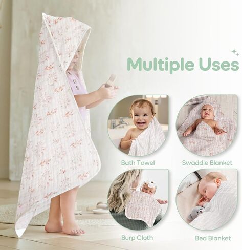 2Pack Muslin Hooded Baby Towels Girls & Boys, 100% Cotton Baby Towels for Newborn, Toddler & Infant, Soft and Absorbent Baby Bath Towels Hooded, Baby Bath Essentials, Oeko-Tex (Pink, Floral,31"x31") in Kuwait