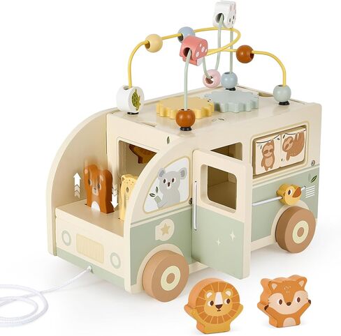 Pithfor Wooden Montessori Toys for 1 Year Old, Push & Pull Car Toys for Baby Toddlers 1 2 3 Year Old, 1st First Birthday Gift for Boys Girls, with Bobbling Driver & Bead Maze in Kuwait