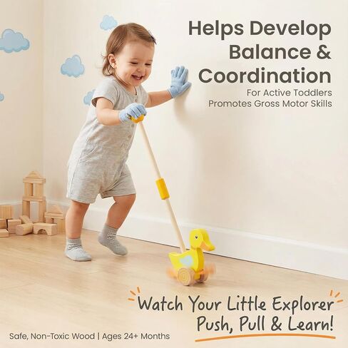 Wooden Push Toys for Toddlers 1-3, Baby Pull Along Stick Walking Duck | Montessori Early Development Toy for 1 Year Old Girls Boys Birthday Gift in Kuwait