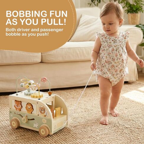 Pithfor Wooden Montessori Toys for 1 Year Old, Push & Pull Car Toys for Baby Toddlers 1 2 3 Year Old, 1st First Birthday Gift for Boys Girls, with Bobbling Driver & Bead Maze in Kuwait