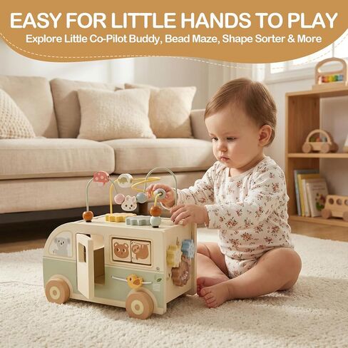 Pithfor Wooden Montessori Toys for 1 Year Old, Push & Pull Car Toys for Baby Toddlers 1 2 3 Year Old, 1st First Birthday Gift for Boys Girls, with Bobbling Driver & Bead Maze in Kuwait