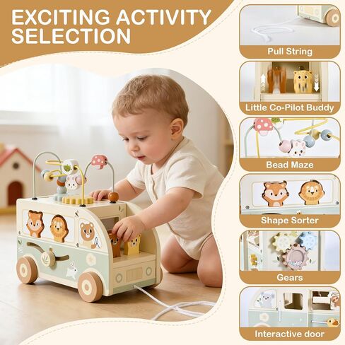 Pithfor Wooden Montessori Toys for 1 Year Old, Push & Pull Car Toys for Baby Toddlers 1 2 3 Year Old, 1st First Birthday Gift for Boys Girls, with Bobbling Driver & Bead Maze in Kuwait