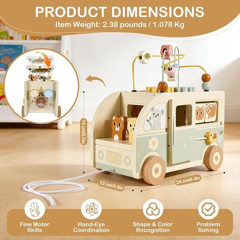 Pithfor Wooden Montessori Toys for 1 Year Old, Push & Pull Car Toys for Baby Toddlers 1 2 3 Year Old, 1st First Birthday Gift for Boys Girls, with Bobbling Driver & Bead Maze in Kuwait