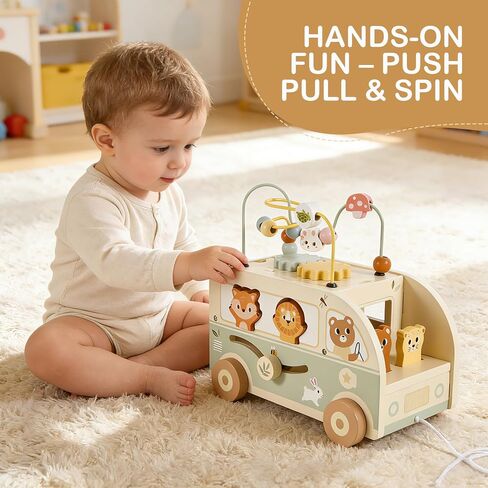Pithfor Wooden Montessori Toys for 1 Year Old, Push & Pull Car Toys for Baby Toddlers 1 2 3 Year Old, 1st First Birthday Gift for Boys Girls, with Bobbling Driver & Bead Maze in Kuwait