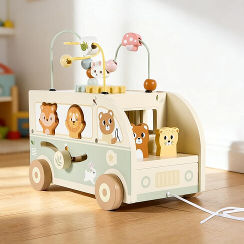 Pithfor Wooden Montessori Toys for 1 Year Old, Push & Pull Car Toys for Baby Toddlers 1 2 3 Year Old, 1st First Birthday Gift for Boys Girls, with Bobbling Driver & Bead Maze in Kuwait