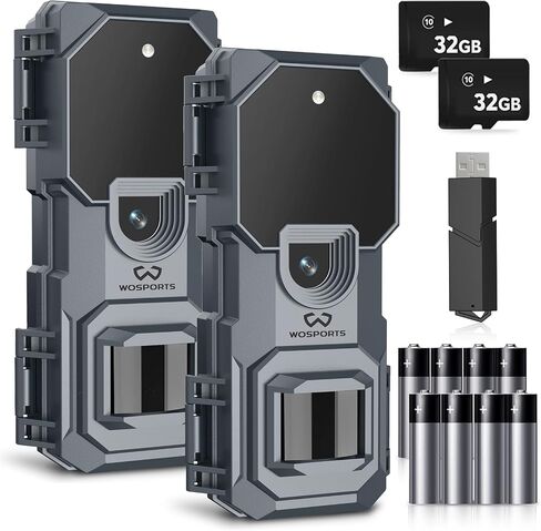 WOSPORTS 2 Pcs Mini Trail Camera 32MP 1080P HD Wildlife Camera with 32GB SD Card Game Cameras with Night Vision Motion Activated Waterproof with 4AA Batteries & Card Reader in Kuwait
