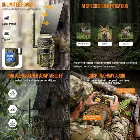MagicEagle® Cellular Trail Camera 4G Wild Game Cameras 13,000 mAh Battery Solar Panel 2K Audible Video No-Glow IR Night Vision IP66 Waterproof for Wildlife Deer Monitoring Home Security (Green) in Saudi Arabia