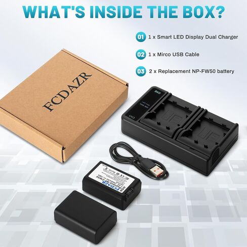 NP-FW50 Battery(2 Pack) and USB Dual Charger for Sony ZV-E10 A6000 A6300 A6400 A6500 A7 A7II A7RII A7SII A7S A7S2 A7R A7R2 A5100 A5000 NEX-3 NEX-5 Cameras in Kuwait