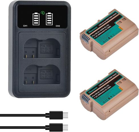2-Pack EN-EL15C Battery 2600mAh & 20W Dual Slot Fast Charger Set for Nikon ZF Z6,Z7 Z8 D7500 D7000, D7100, D7200 D500, D600, D610, D750,D780 D800, D810, D800E, D810A, D850 Digital Cameras in Kuwait