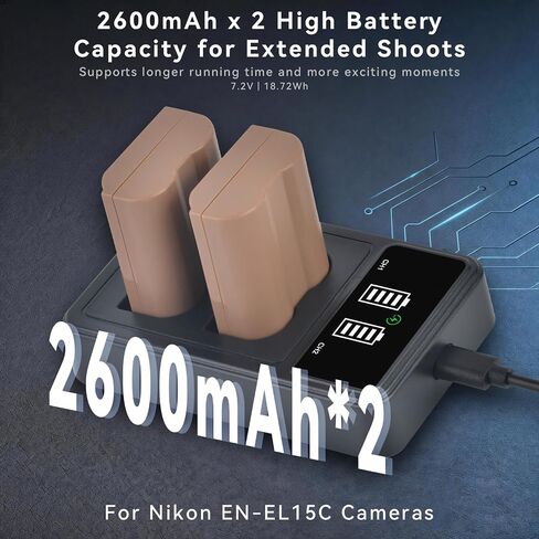 2-Pack EN-EL15C Battery 2600mAh & 20W Dual Slot Fast Charger Set for Nikon ZF Z6,Z7 Z8 D7500 D7000, D7100, D7200 D500, D600, D610, D750,D780 D800, D810, D800E, D810A, D850 Digital Cameras in Kuwait