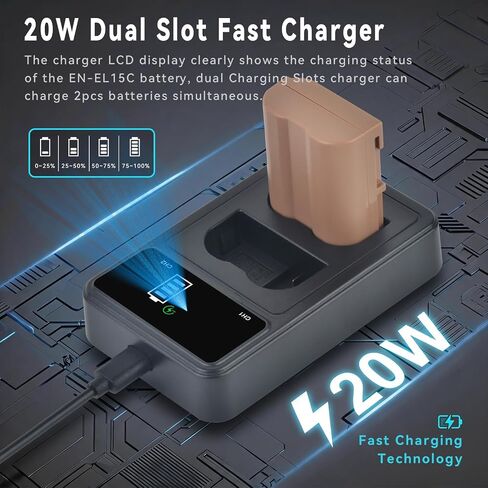 2-Pack EN-EL15C Battery 2600mAh & 20W Dual Slot Fast Charger Set for Nikon ZF Z6,Z7 Z8 D7500 D7000, D7100, D7200 D500, D600, D610, D750,D780 D800, D810, D800E, D810A, D850 Digital Cameras in Kuwait