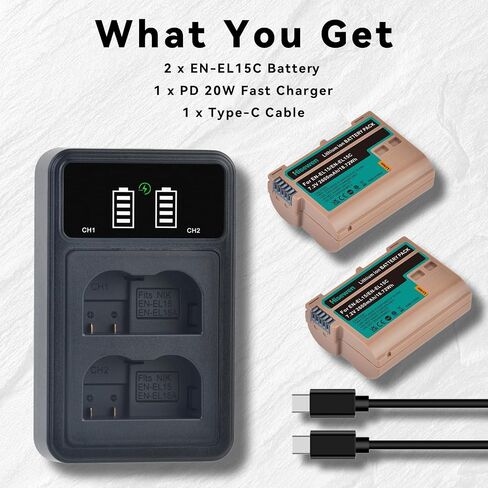 2-Pack EN-EL15C Battery 2600mAh & 20W Dual Slot Fast Charger Set for Nikon ZF Z6,Z7 Z8 D7500 D7000, D7100, D7200 D500, D600, D610, D750,D780 D800, D810, D800E, D810A, D850 Digital Cameras in Kuwait