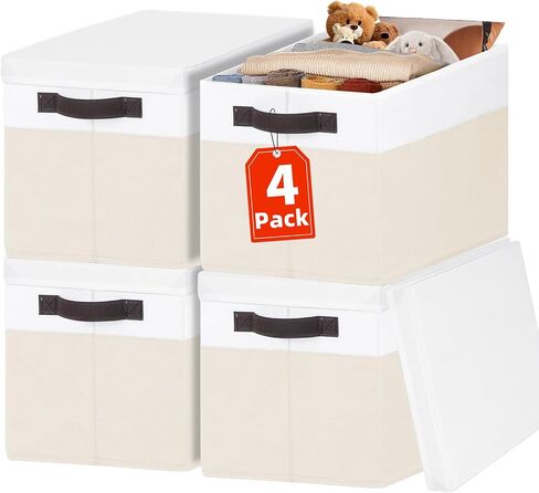 Large Nursery Closet Organizer Bins with Lids 4 Pack - 23 QT Decorative Storage Baskets for Living Room Bedroom Shelf - Stackable Storage Boxes with Lids Handles for Clothes Sweater Book Towel Purse in Kuwait