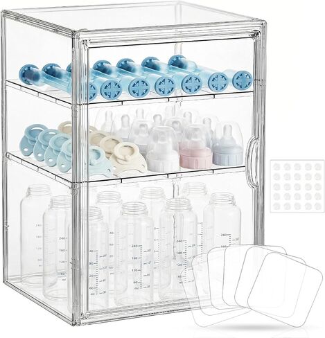 Baby Bottle Organizer – X-Large Adhesive Wall-Mount 3 Tier Adjustable Acrylic Bottle Storage Container with Magnetic Door – for Countertop, Cabinet, Kitchen, and Vanity, Gifts for New Mom in Kuwait