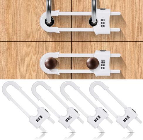 4 Pack Cabinet Locks with Combination U Shaped Sliding Cabinet Door Lock Child Proof Cupboard Locks Baby Proof Adjustable Safety Lock for Closet Code Latches Knob Handle Drawers - Black in Kuwait