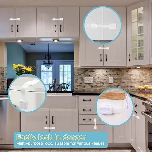 Cabinet Locks Baby Proofing No Drill, Door Locks for Kids Safety, Baby Safety Products Adjustable Strap Locks for Child & Toddlers, Drawer, Fridge, Oven Lock Child Safety 10 Pack with 3M Adhesives in Kuwait