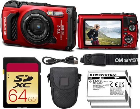 OM SYSTEM Tough TG-7 Digital Camera Bundle (Red) | 12MP BSI CMOS Sensor, f/2 Lens, 4K Video, Waterproof, Shockproof & Freezeproof | Great for Outdoors (V110030RU000) + 64GB Card + Case + Battery in Kuwait
