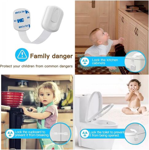 Cabinet Locks Baby Proofing No Drill, Door Locks for Kids Safety, Baby Safety Products Adjustable Strap Locks for Child & Toddlers, Drawer, Fridge, Oven Lock Child Safety 10 Pack with 3M Adhesives in Kuwait