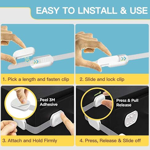 Cabinet Locks Baby Proofing No Drill, Door Locks for Kids Safety, Baby Safety Products Adjustable Strap Locks for Child & Toddlers, Drawer, Fridge, Oven Lock Child Safety 10 Pack with 3M Adhesives in Kuwait