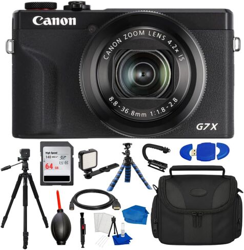 Canon PowerShot G7 X Mark III Digital Camera with Accessory Bundle, Black | 64GB Memory, LED Video Light, Tripod & Monopod, Gadget Bag & Accessories, Renewed in Saudi Arabia