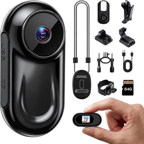 Mini Body Camera 1080P, Small Action Camera | Thumb Camera, Magnetic Wearable Body cam for Hands-Free Recording, Helmet Mount, Pocket Cam for Vlogging, 64G(No Wi-Fi & APP) in Kuwait