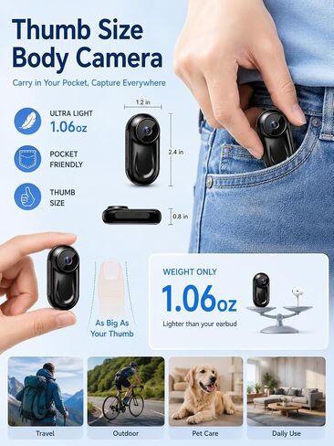 Mini Body Camera 1080P, Small Action Camera | Thumb Camera, Magnetic Wearable Body cam for Hands-Free Recording, Helmet Mount, Pocket Cam for Vlogging, 64G(No Wi-Fi & APP) in Kuwait