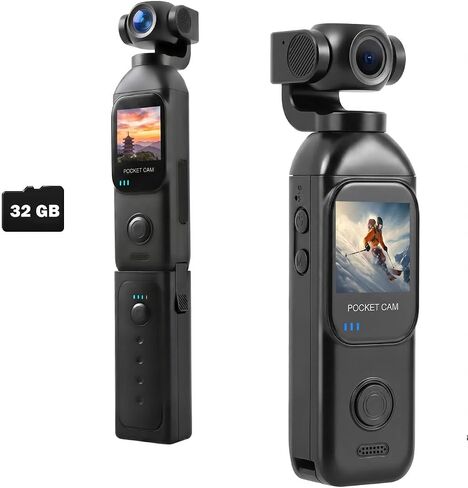 Vlogging Camera, FHD 1080P Touch Screen Pocket Body Cam with Dual Adjust Rotated Lens, External Fast Charger Battery Handle, 32GB Card Included in Kuwait