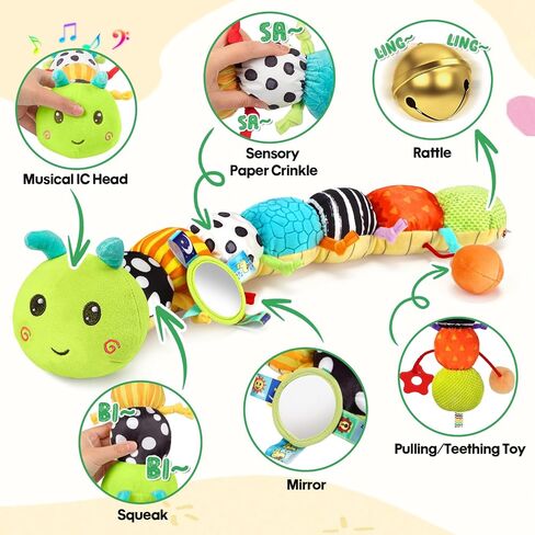 Baby Sensory Toy for 6-12 Months, Plush Beehive with 5 Interactive Bee Toys | Stuffed Animal Toys with Rattle, Crinkle, Music, Squeaker, Mirror, Early Development Toy, Infant Tummy Time Toy, Newborn Gift in Kuwait