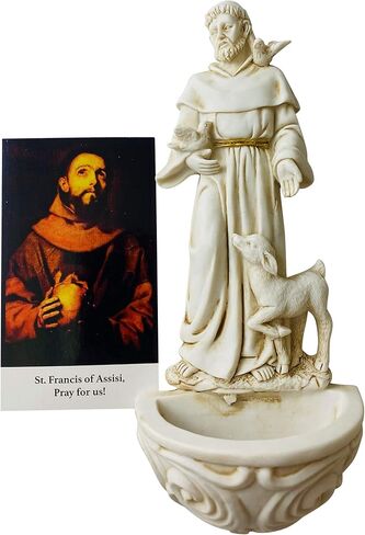 Saint Francis of Assisi Water Font and Holy Card Polyresin Religious Decor | 6.5 Inch Multicolor, Wall Mount, Blessing Devotional Catholic Home Chapel Gift in Kuwait