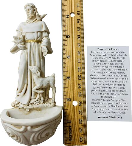 Saint Francis of Assisi Water Font and Holy Card Polyresin Religious Decor | 6.5 Inch Multicolor, Wall Mount, Blessing Devotional Catholic Home Chapel Gift in Kuwait
